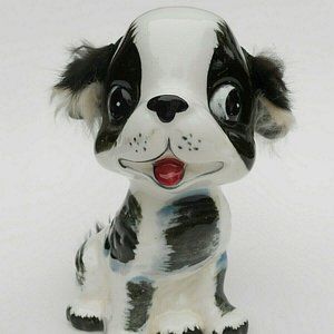 Vintage Ries Ceramic Puppy Dog Figurine w/ Applied Fur Made in Japan